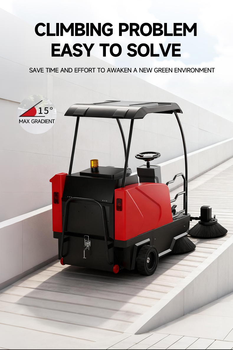 Semi-enclosed ride on battery powered floor sweeper 