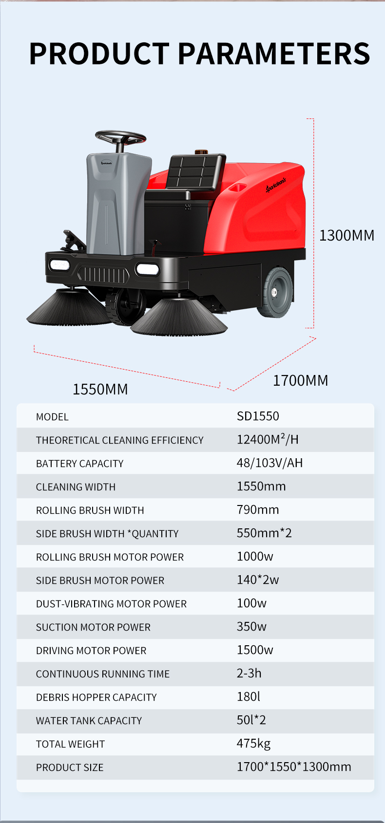 1550mm Electric Floor Sweeper